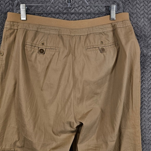 Boho Beach Khaki Cargo Capri Pants Women 4P Tan Utility Cropped Trousers Pockets - Picture 7 of 9